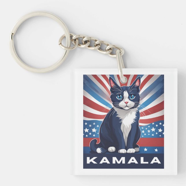 Blue Cat for Kamala 2024 US Election Democrat Key Ring (Front)