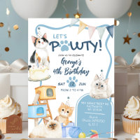 Blue Cat let's Pawty Boy Birthday Invitation