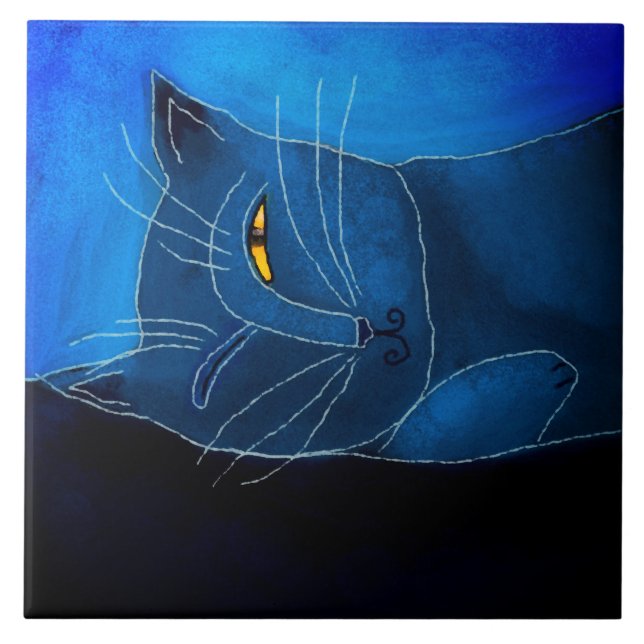 Blue Cat Napping Abstract Digital Painting Tile (Front)