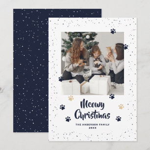Blue Cat Paws Snow Photo Meowy Christmas Card