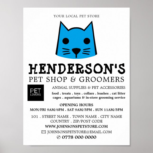 Blue Cat, Pet Store & Groomers Advertising Poster (Front)