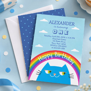 Blue Cat Rainbow First Birthday Invitation