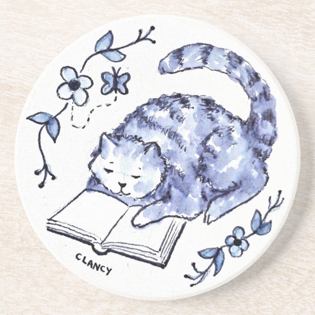 Blue Cat Reading Coaster (Front)