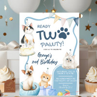 Blue Cat Ready Two Pawty 2nd Birthday Invitation