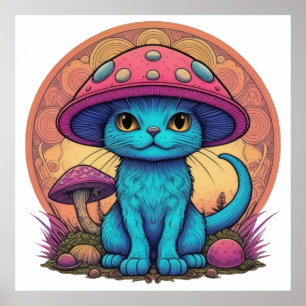 Blue Cat Under Mushroom Hat Poster