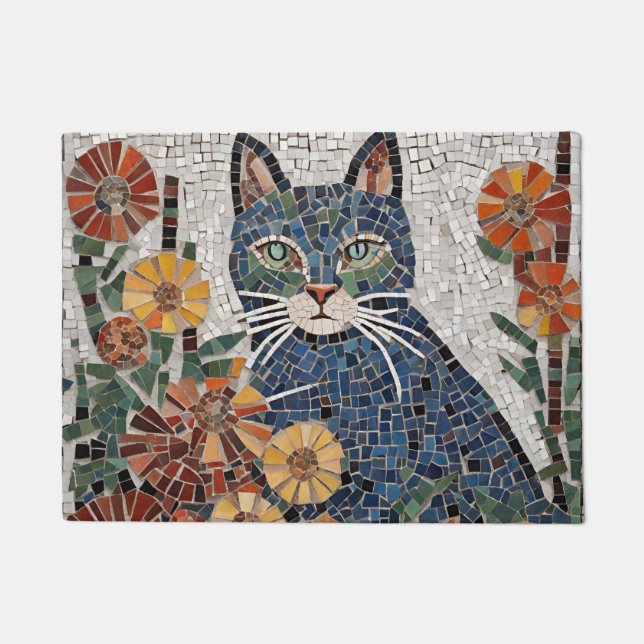 Blue Cat with Flowers Tiled Mosaic  Doormat (Front)