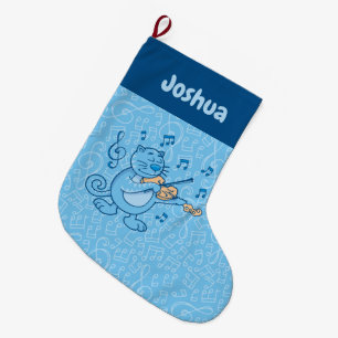 Blue Cat with Violin Large Christmas Stocking