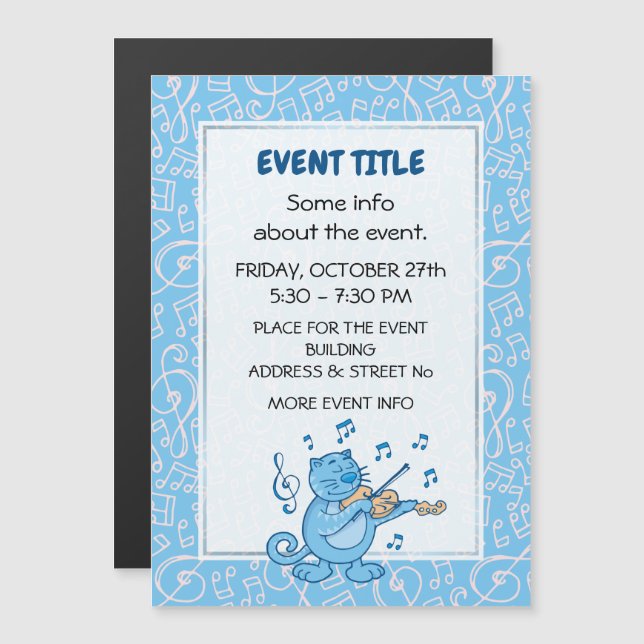 Blue Cat with Violin Magnetic Invitation (Front/Back)