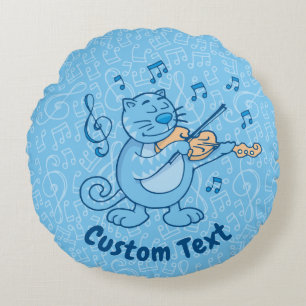 Blue Cat with Violin Round Pillow