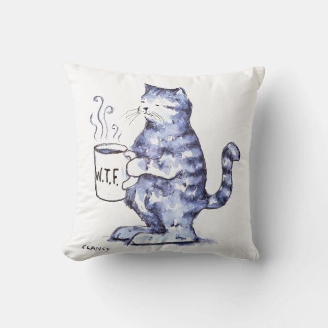 Blue cat with WTF cup Cushion (Front)
