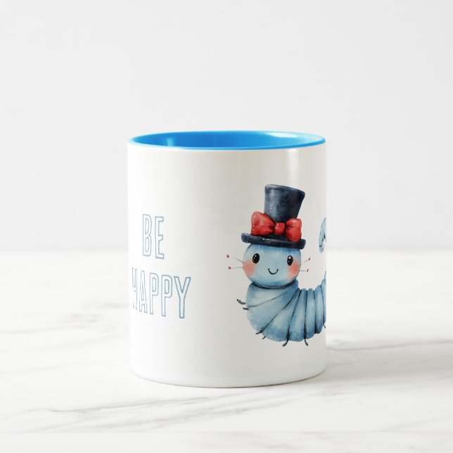 Blue Caterpillar Black Hat Red Bow Two-Tone Coffee Mug (Center)