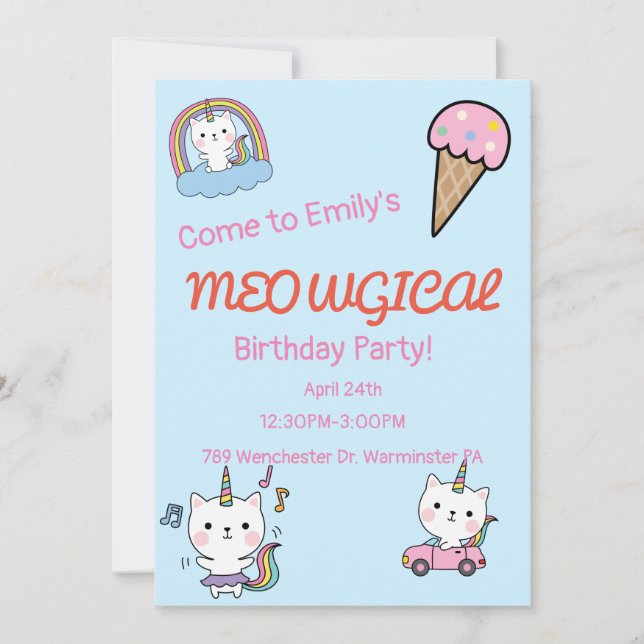 Blue caticorn meowgical birthday invitation (Front)
