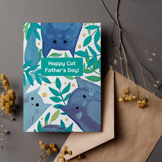 Blue Cats & branches Happy cat fathers day Holiday Card (Creator Uploaded)