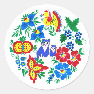 Blue Cats, Folk Art Classic Round Sticker