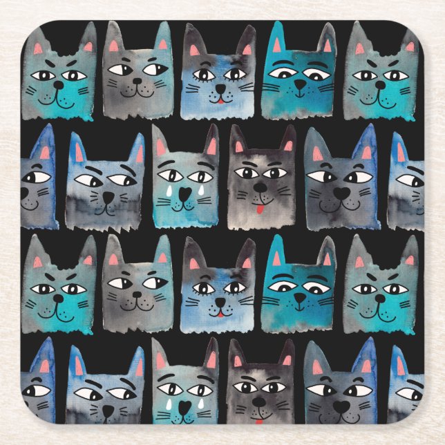 Blue cats square paper coaster (Front)