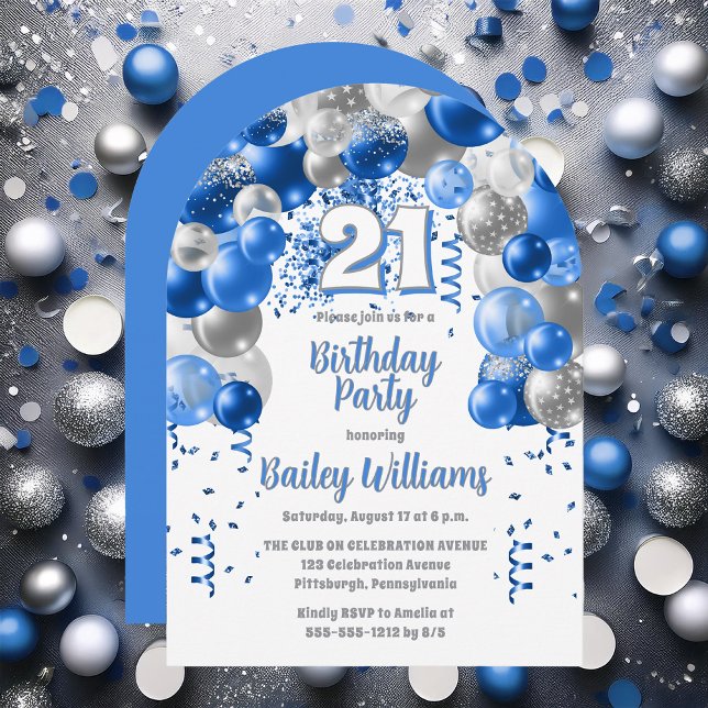 Blue Celebration Balloons 21st Birthday Party Invitation (Blue | Silver Balloons "21" 21st Birthday Party Invitations - Print and/or Download Available)