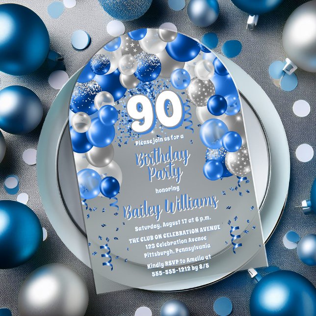 Blue Celebration Balloons 90th Birthday Party Acrylic Invitations (Blue and Silver Tone Celebration Balloons "90" 90th Birthday Party Acrylic Invitation)