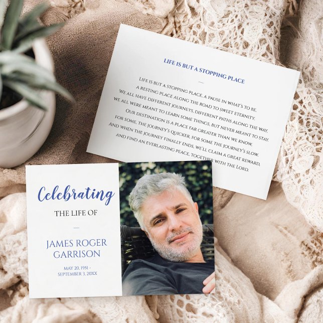 Blue Celebration of Life Prayer Card with Photo (Creator Uploaded)