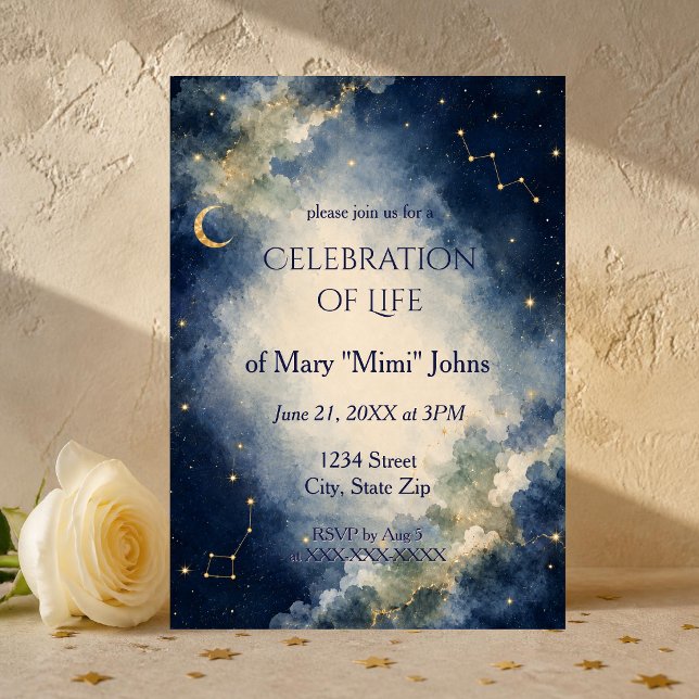 Blue Celestial Celebration of Life Invitation (Peaceful celestial celebration of life invitation with watercolor clouds, moon and gold stars.)
