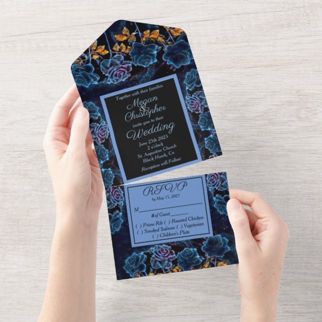 Blue Celestial Rose Wedding All In One Invitation (Tearaway)