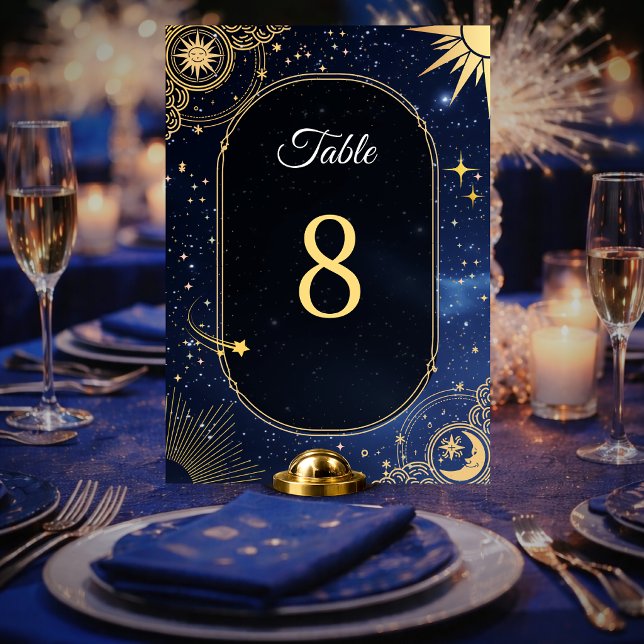 Blue Celestial Shooting Star Sun Moon Wedding Table Number (Creator Uploaded)