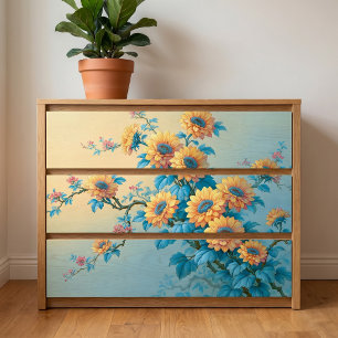 Blue Centre Yellow Sunflower Branch Decoupage Tissue Paper