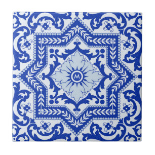 Blue Ceramic Style Azulejo Vintage Monogram Tile