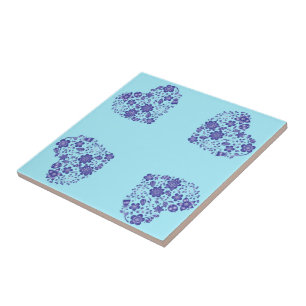 Blue Ceramic Tile with Heart Flowers