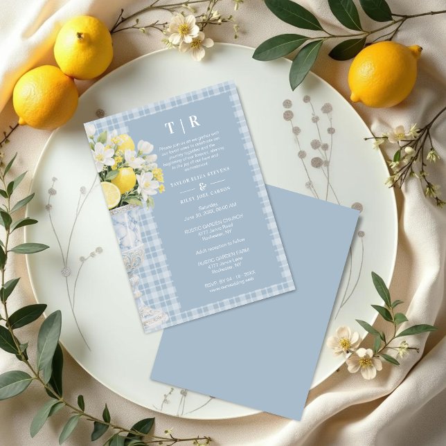 Blue Chalice Vase Mediterranean Lemons & Flowers Invitation (Blue Classic Chalice Vase with Mediterranean Lemons and Flowers Invitation Card Design.)
