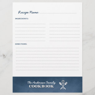 Blue Chalkboard Family Cookbook Binder Insert