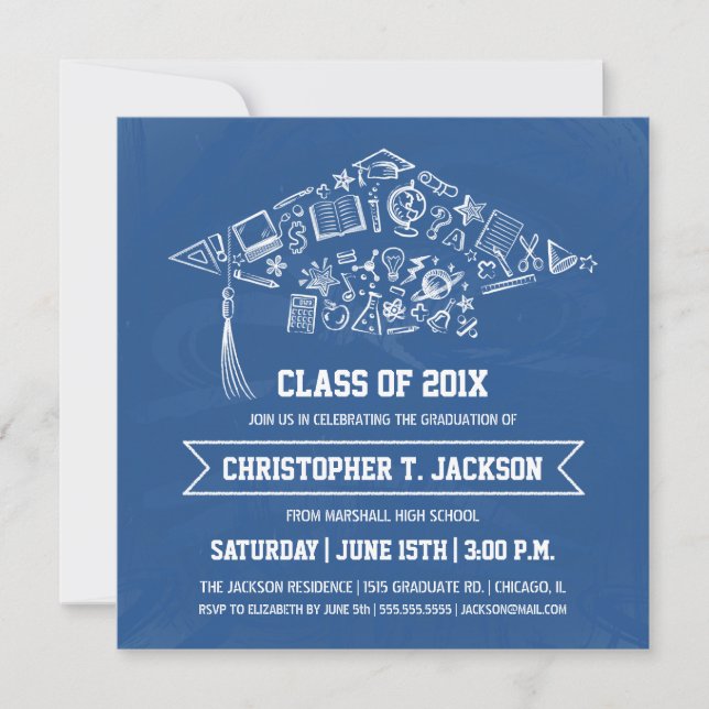 Blue Chalkboard Graduation Invitation with Photo (Front)