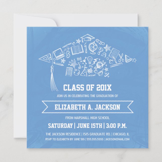 Blue Chalkboard Graduation Invitation with Photo (Front)