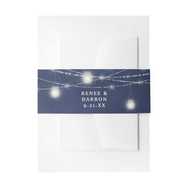 Blue Chalkboard & White Mason Jar String Lights Invitation Belly Band (Front Example)