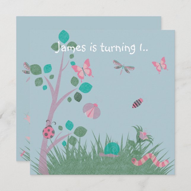 BLUE CHALKBOARD WOODLAND BUG BUTTERFLIES BIRTHDAY INVITATION (Front/Back)