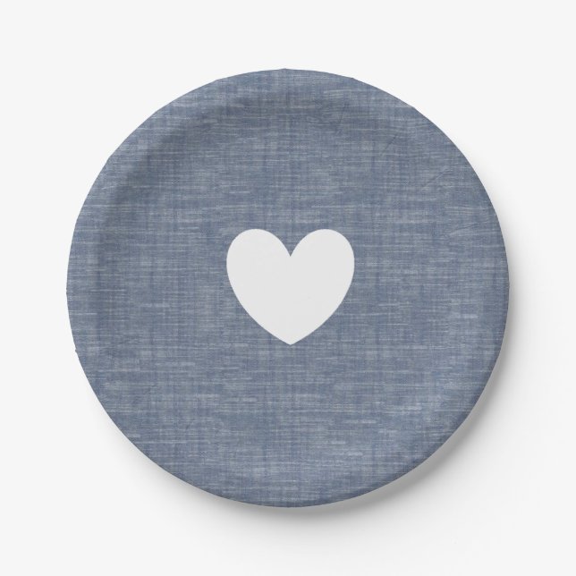 Blue chambray denim heart custom paper plate (Front)
