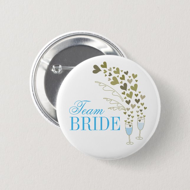 Blue Champagne Cheers & Hearts Team Bride Wedding 6 Cm Round Badge (Front & Back)