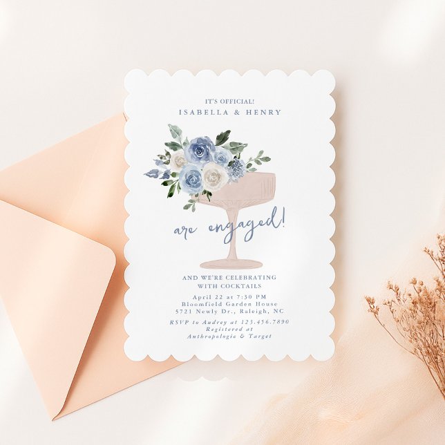 Blue champagne floral engagement party invitation (Creator Uploaded)