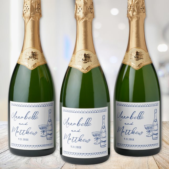 Blue Champagne Hand Drawn Wedding Sparkling Wine Label (Blue Champagne Hand Drawn Wedding Sparkling Wine Label )