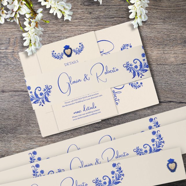 Blue & Champagne Milagro Heart Mexican Wedding Invitation Belly Band (Creator Uploaded)