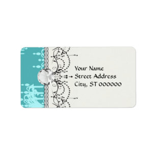 blue chandelier damask on blue aqua label