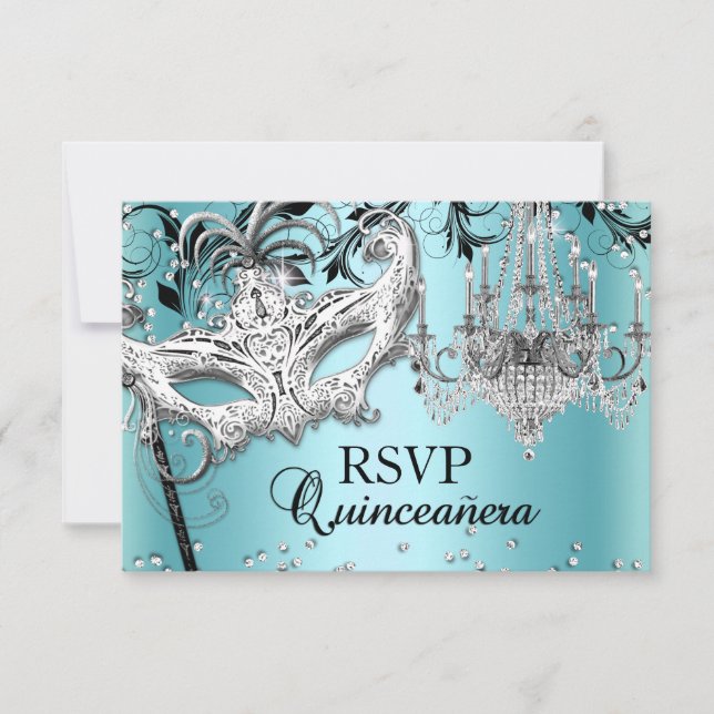 Blue Chandelier Masquerade Quinceanera RSVP (Front)
