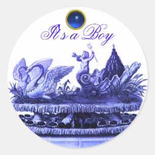 BLUE CHARIOT OF SWANS /CUPCAKES BOY BABY SHOWER CLASSIC ROUND STICKER
