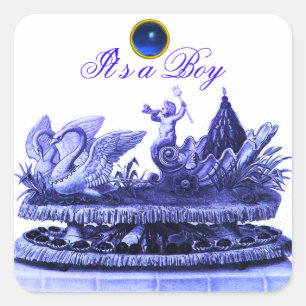 BLUE CHARIOT OF SWANS /CUPCAKES BOY BABY SHOWER SQUARE STICKER
