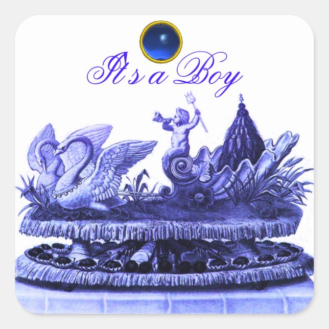 BLUE CHARIOT OF SWANS /CUPCAKES BOY BABY SHOWER SQUARE STICKER (Front)