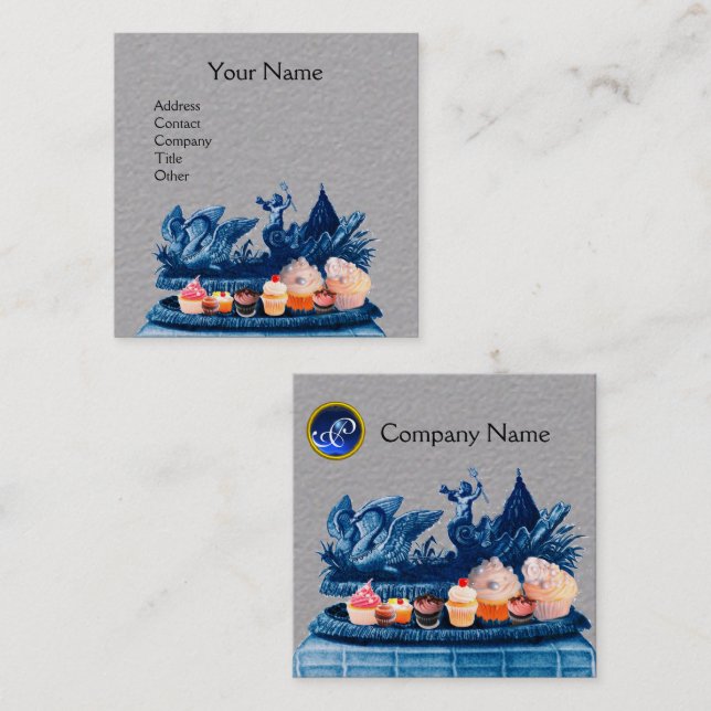 BLUE CHARIOT OF SWANS,CUPCAKES,PASTRY Grey Paper Square Business Card (Front/Back)