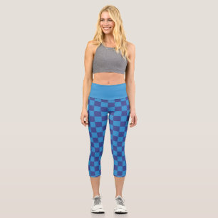Blue Check Checker Board Pattern Capri Leggings