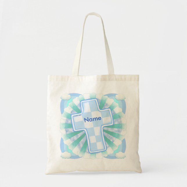 Blue Check Christian Cross tote Bag (Front)