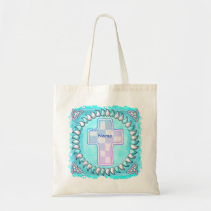 Blue Check Christian Cross Tote Bag