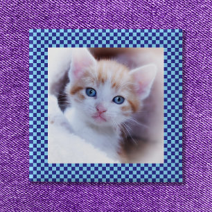 Blue Check Family Pet Photo Border 15 Cm Square Badge