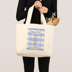 Blue Check Gingham Flowers FARM FRESH Large Tote Bag